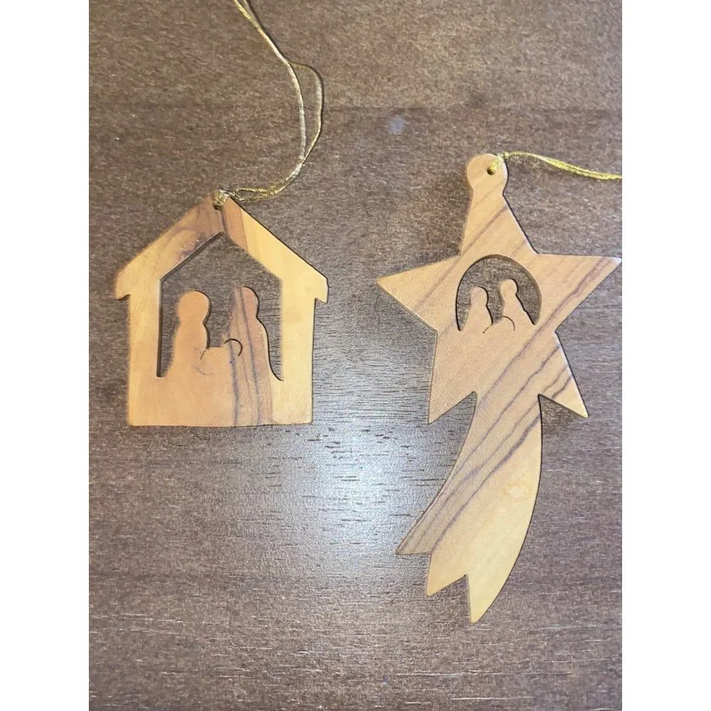 Set of 2 Olive Wood Shooting Star Bethlehem Nativity Scene Christmas Ornament